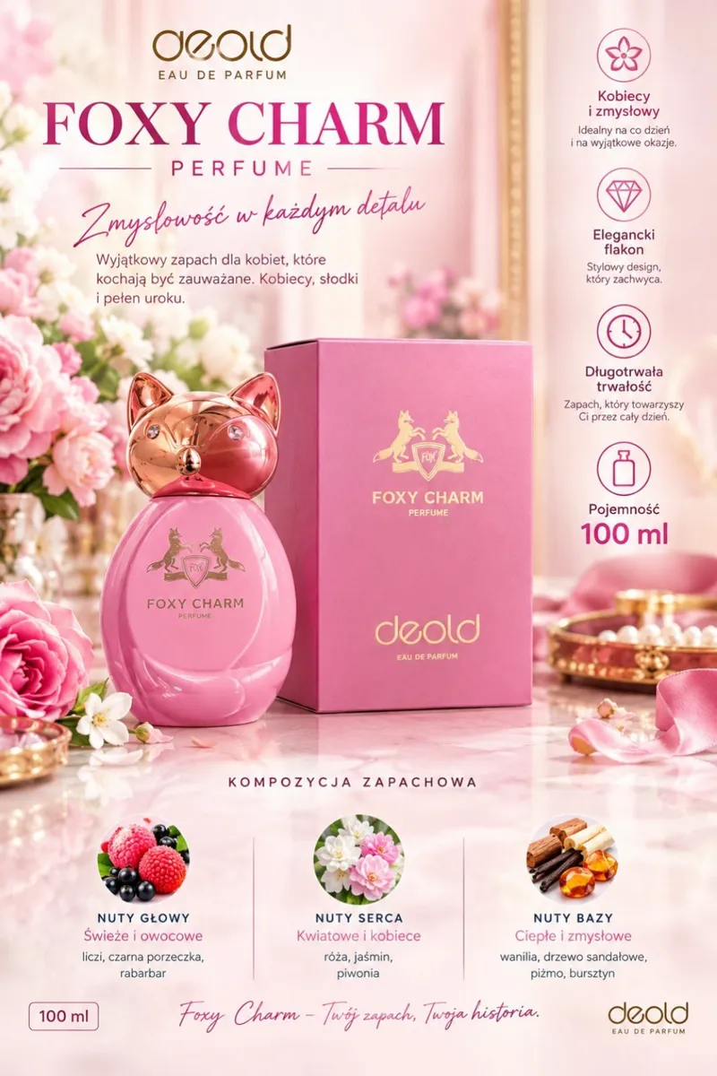 Różowy flakon perfum Foxy Charm z różowozłotą zakrętką w kształcie lisa i pudełko