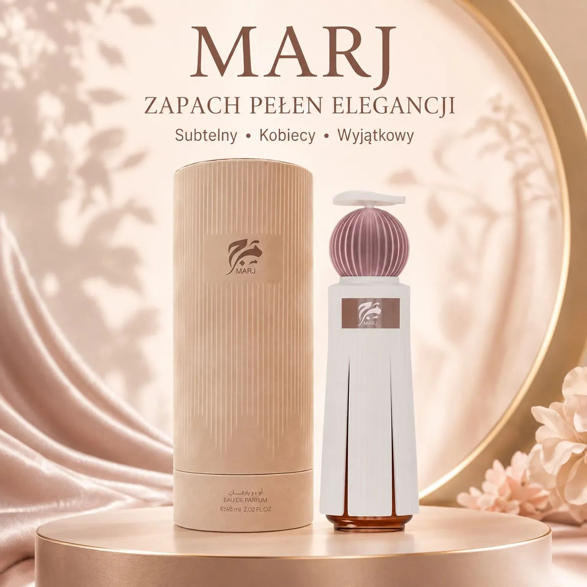 Perfumy MARJ 60ml z białą plisowaną butelką i fioletowym kulistym korkiem, beżowe walcowate opakowanie
