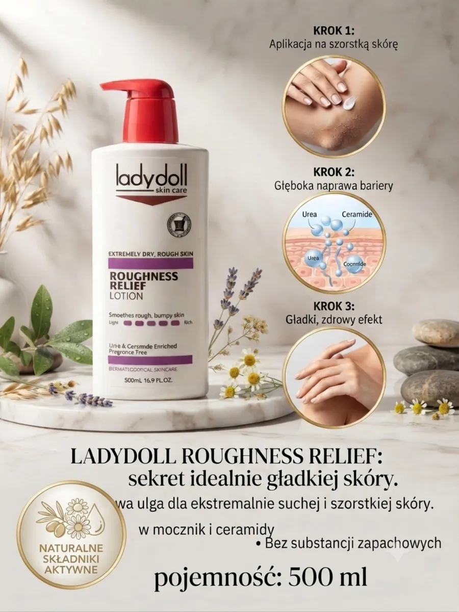 Biały dozownik lotionu Ladydoll Roughness Relief 500 ml z czerwonym zamknięciem na marmurowym tle
