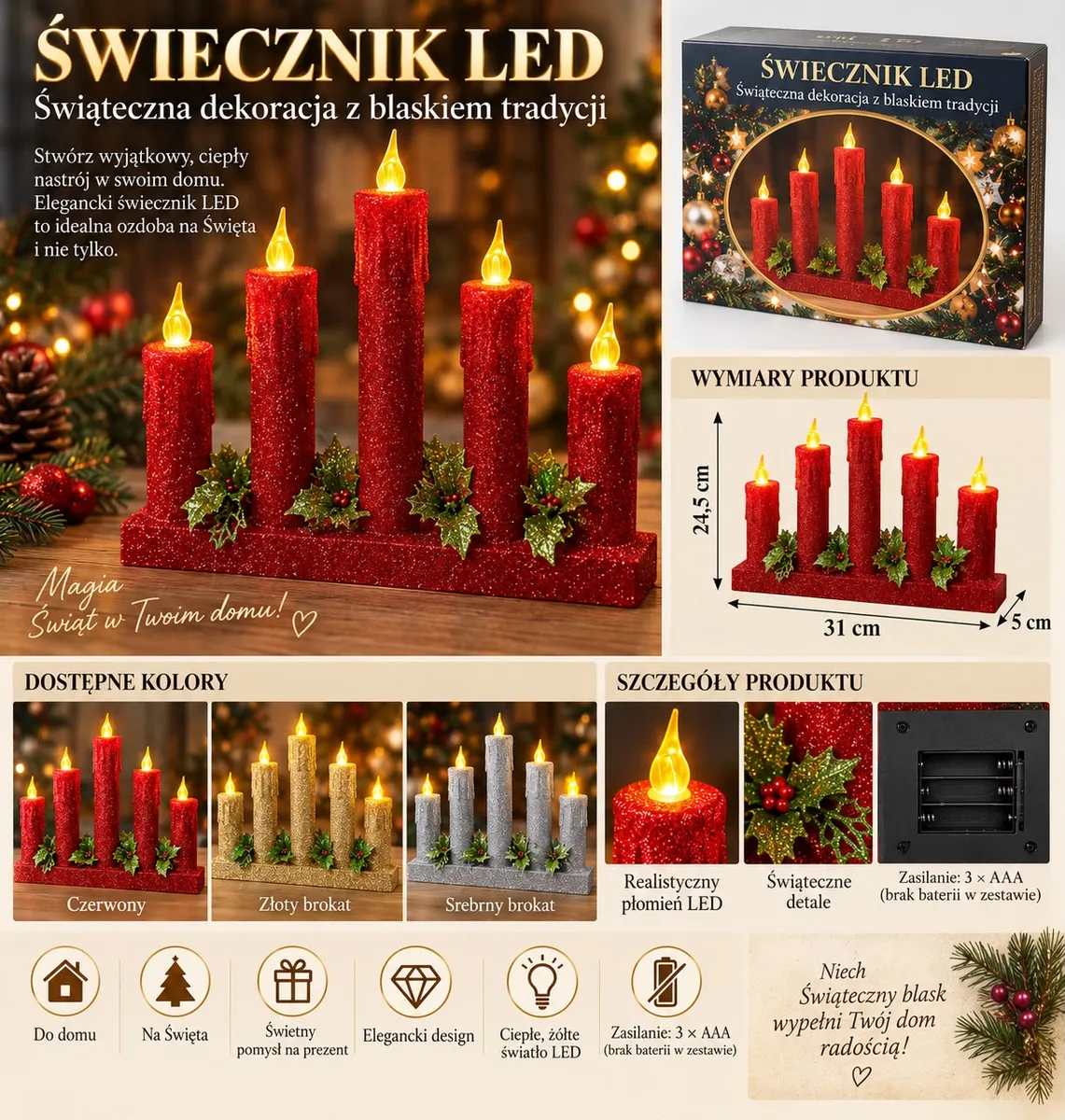 Świecznik LED z 5 czerwonymi świecami brokatowymi i zielonymi liśćmi ostrokrzewu na podstawie