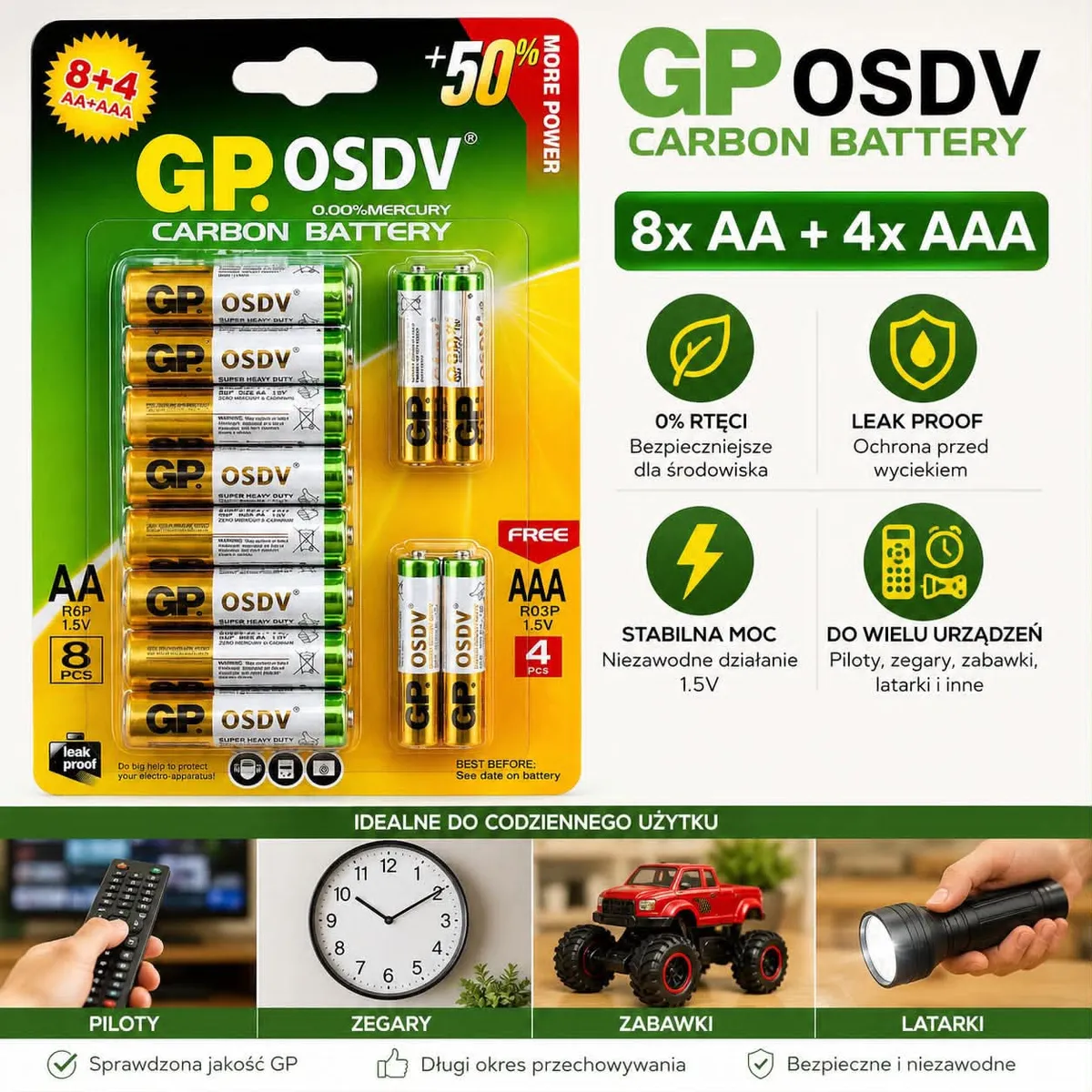 Zestaw 12 baterii GP OSDV Carbon w opakowaniu zielono-żółtym, 8x AA i 4x AAA