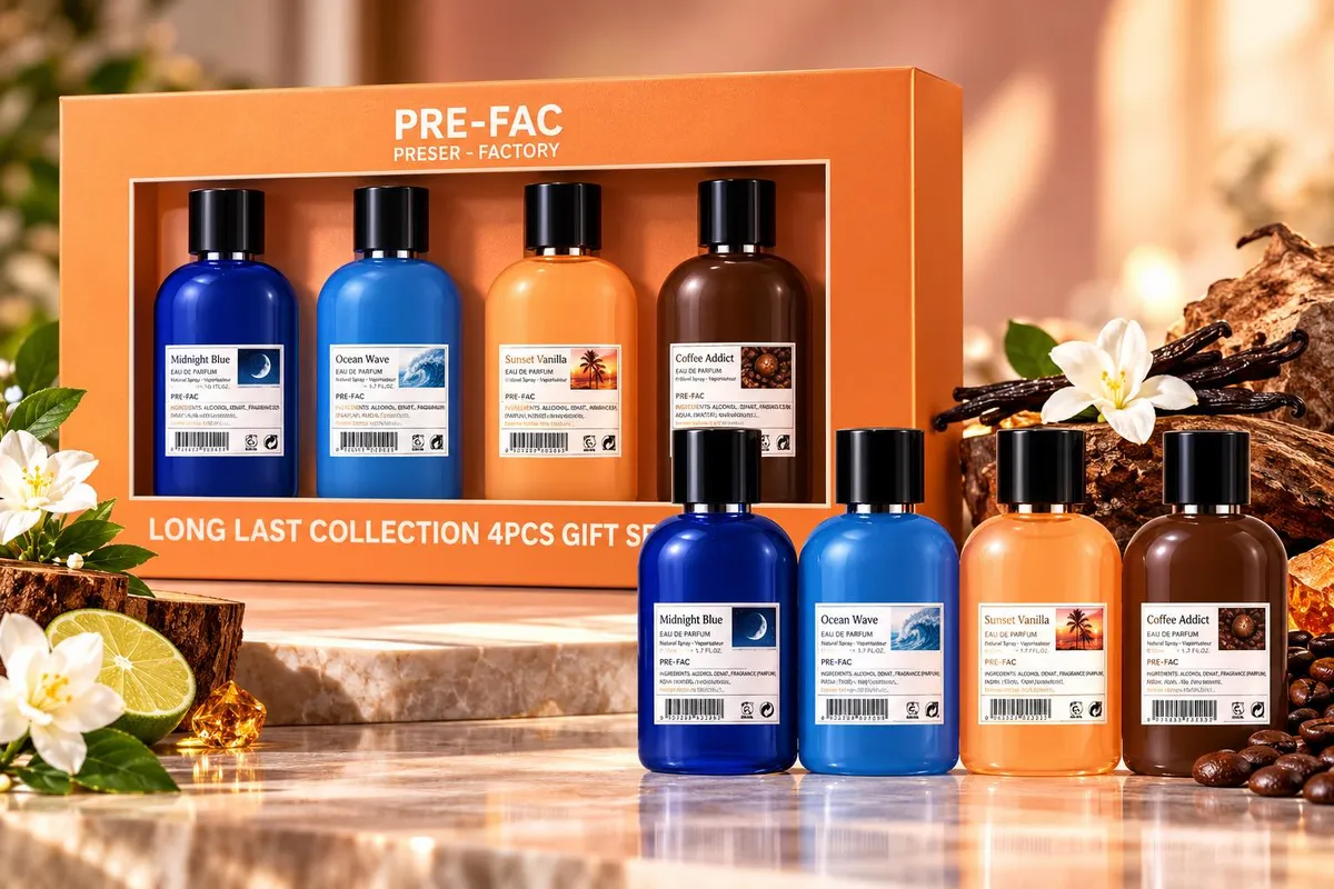 Zestaw 4 perfum PRE-FAC w kolorowych flakonach: granatowy, błękitny, pomarańczowy, brązowy w pomarańczowym opakowaniu prezent