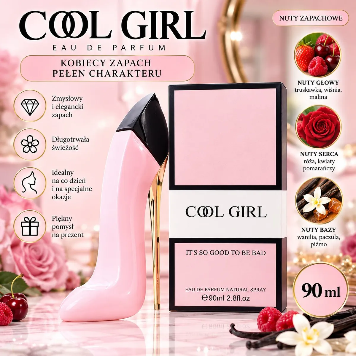 Perfumy cool girl 90 ml w butelce kształtem przypominającej różową szpilkę z czarnym czubkiem i złotym obcasem