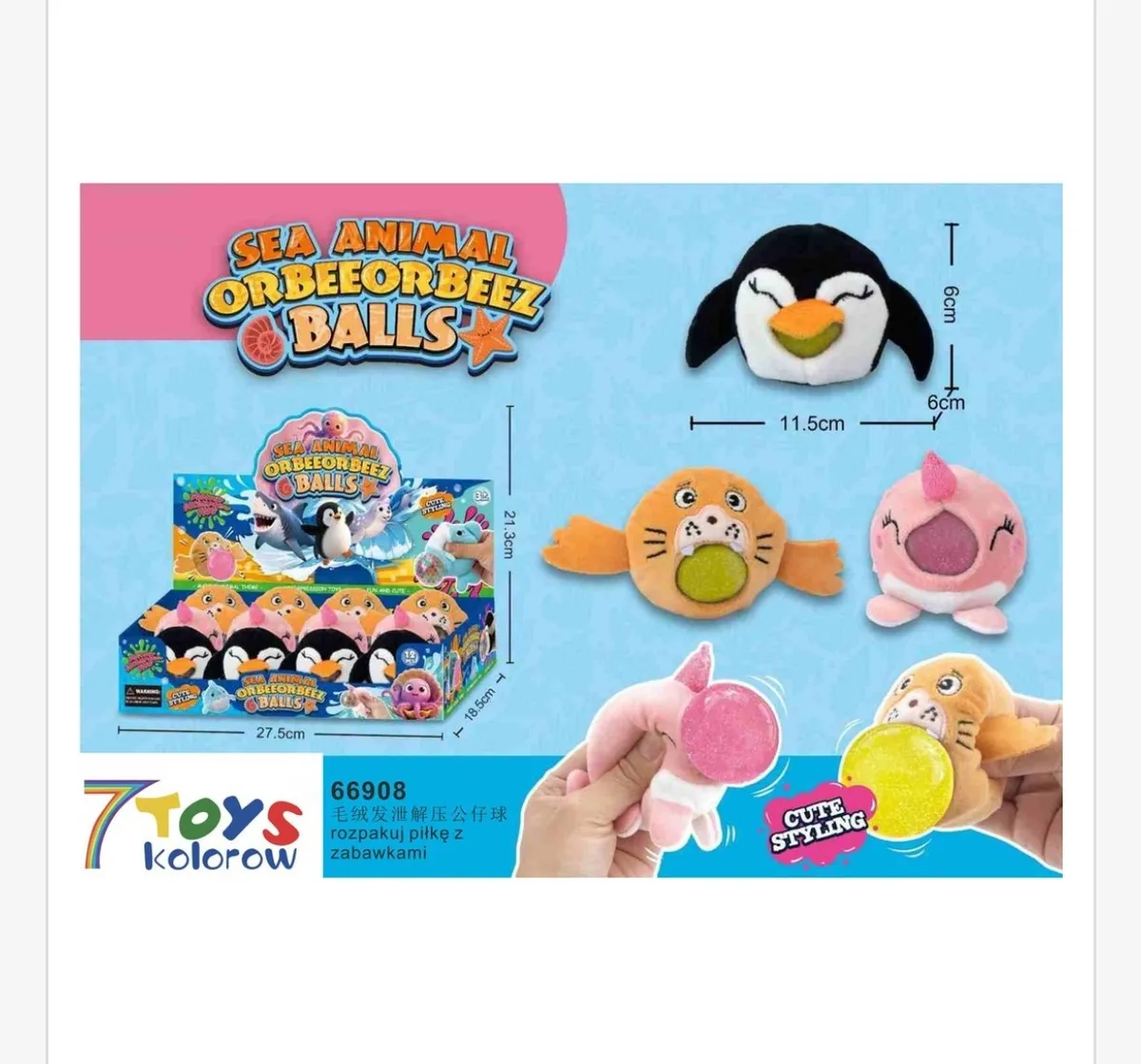 Pluszowe zabawki zwierzęta morskie Orbeeorbeez Balls z kolorowymi kulkami, wymiary 6x11,5 cm