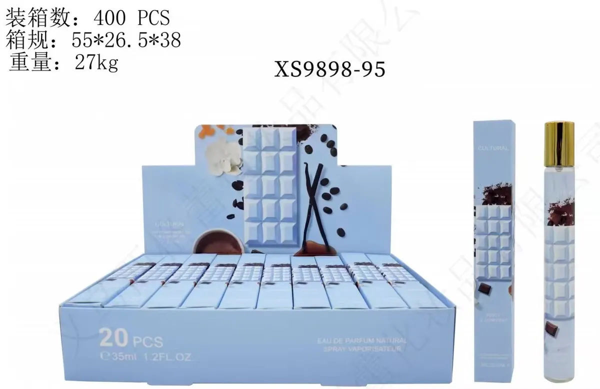 Perfumetki 35ml w jasnoniebieskim opakowaniu z motywem czekolady i kawy, 20 sztuk w kartonie