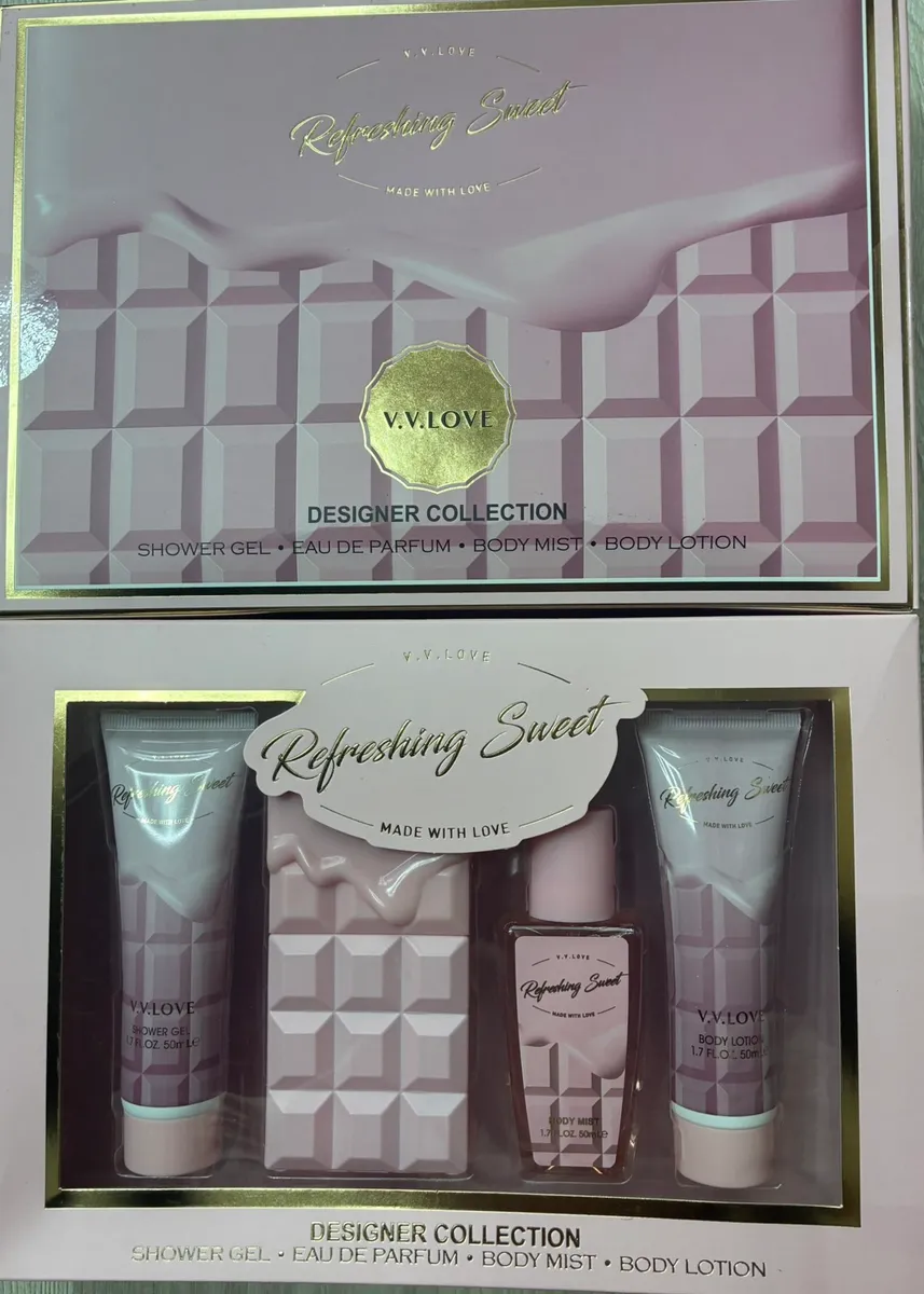 zestaw prezentowy kosmetyków V.V.LOVE Refreshing Sweet w różowym opakowaniu z żelem, perfumami, balsamem i mydłem