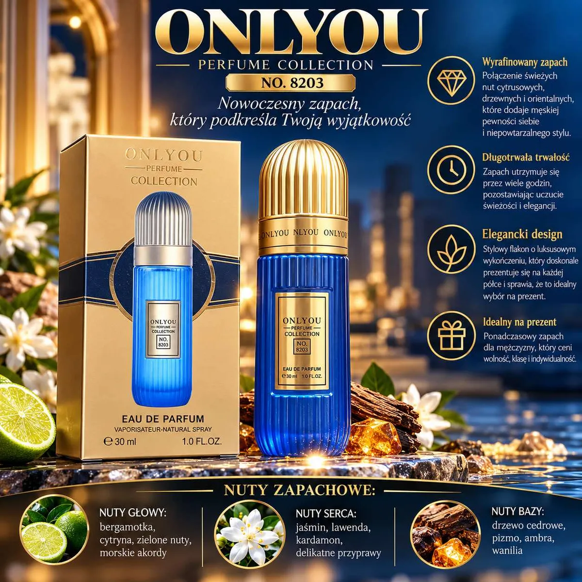 Butelka perfum onlyou granatowa z prążkowaną powierzchnią i złotą nakrętką obok złoto-granatowego opakowania