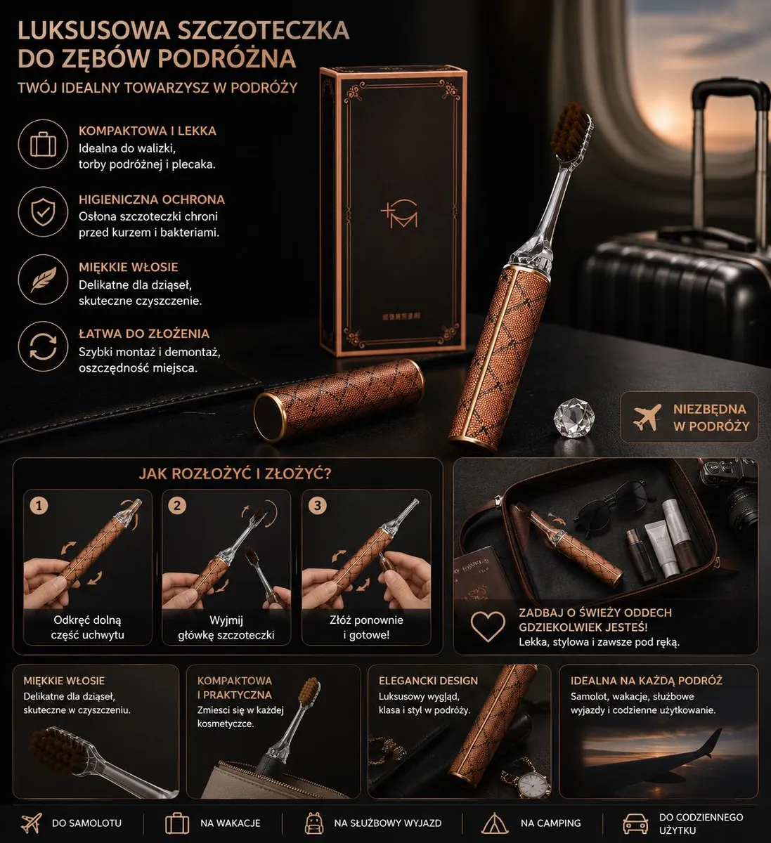 Brązowa szczoteczka podróżna do zębów z miękkim włosiem i osłoną, eleganckie opakowanie, walizka w tle