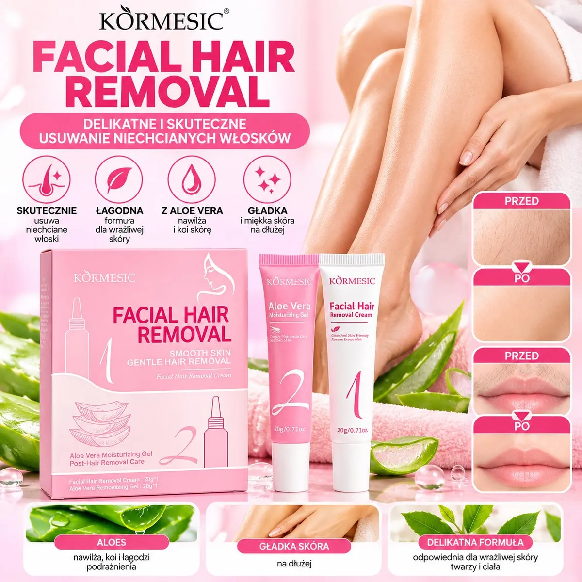 Zestaw KÖRMESIC Facial Hair Removal krem i żel do depilacji twarzy i ciała, różowe opakowanie