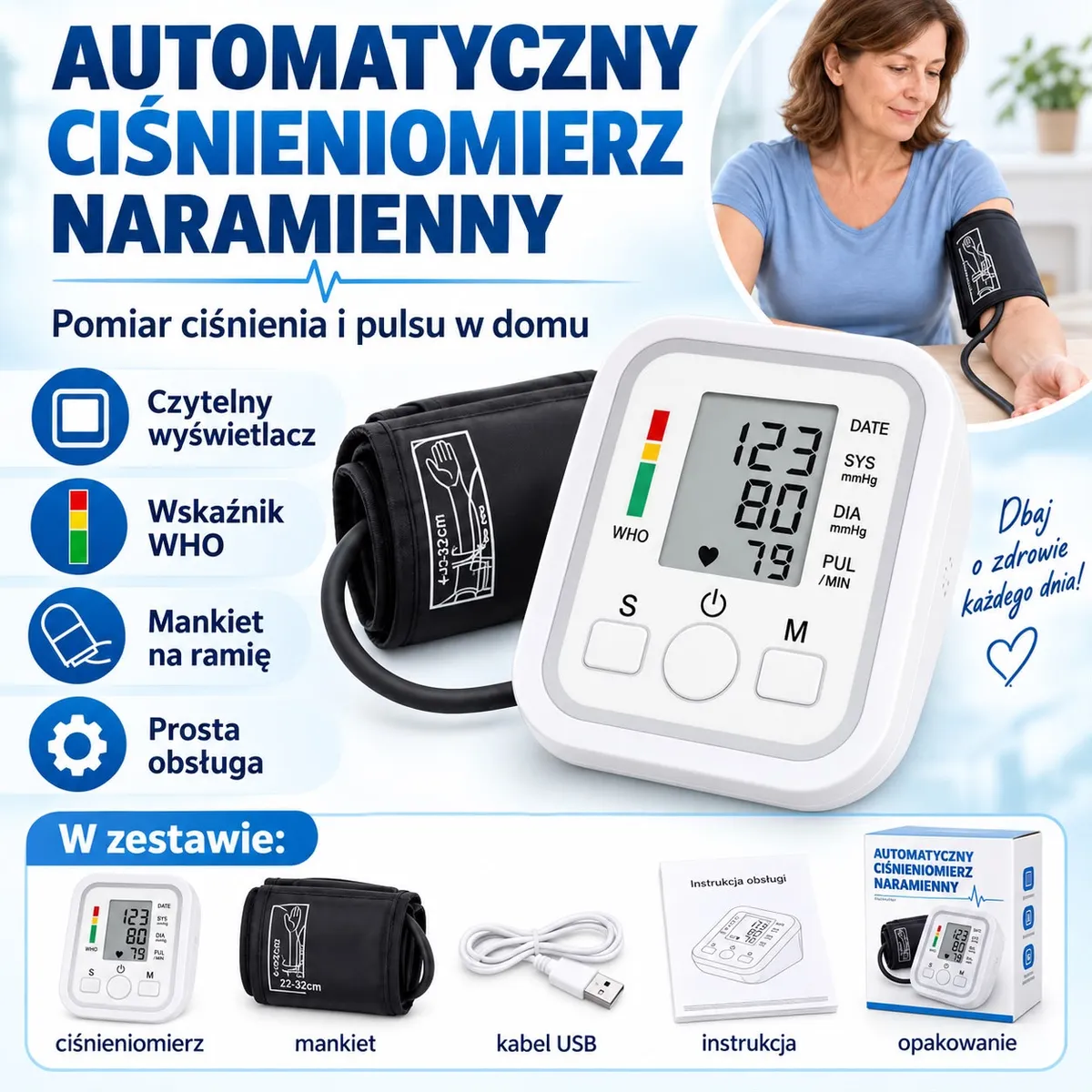 Automatyczny ciśnieniomierz naramienny z białą obudową i czarnym mankietem na ramię, kabel USB i instrukcja
