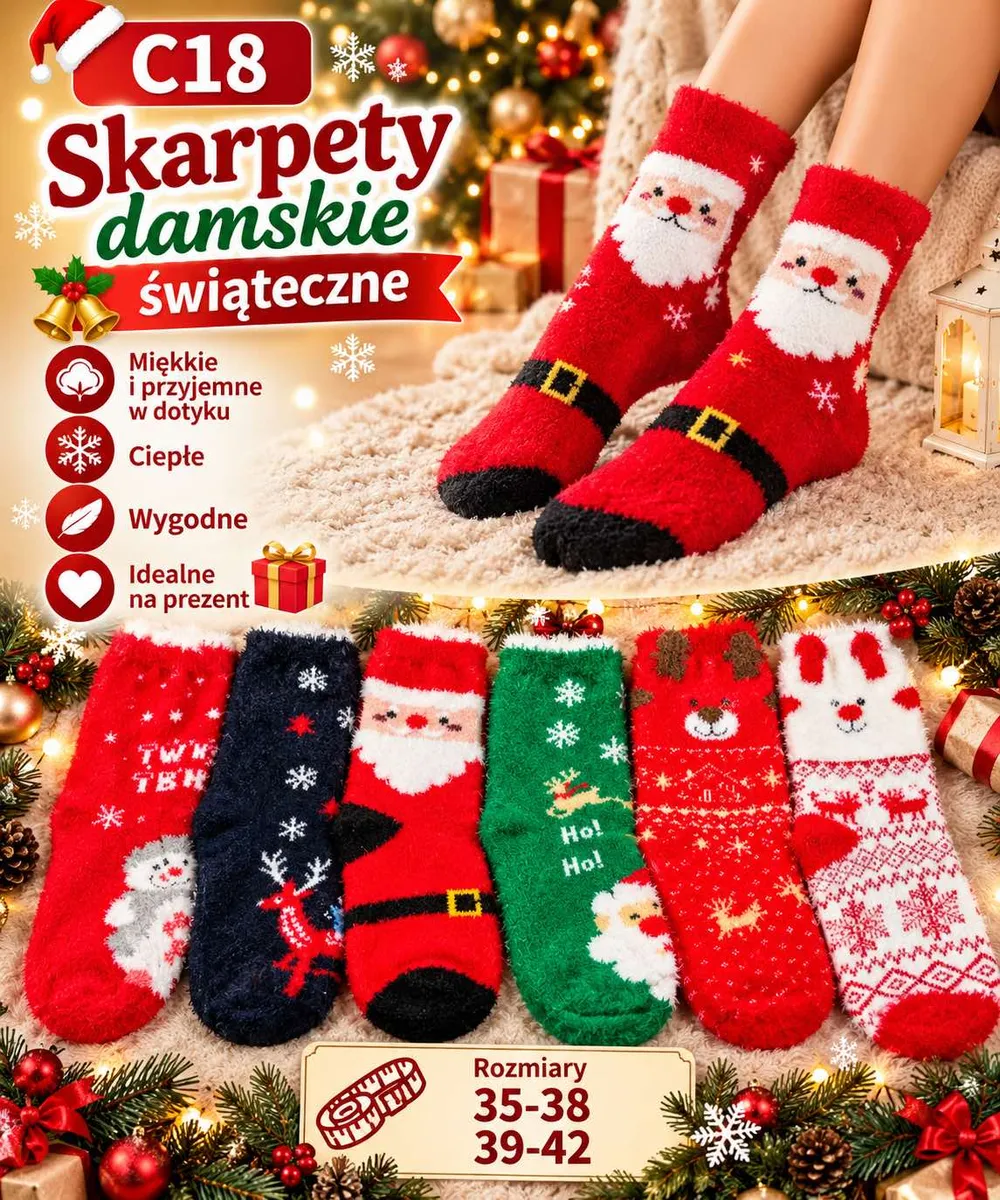 Skarpety damskie świąteczne w czerwonym, zielonym i granatowym kolorze z motywami Mikołaja, renifera i bałwanka
