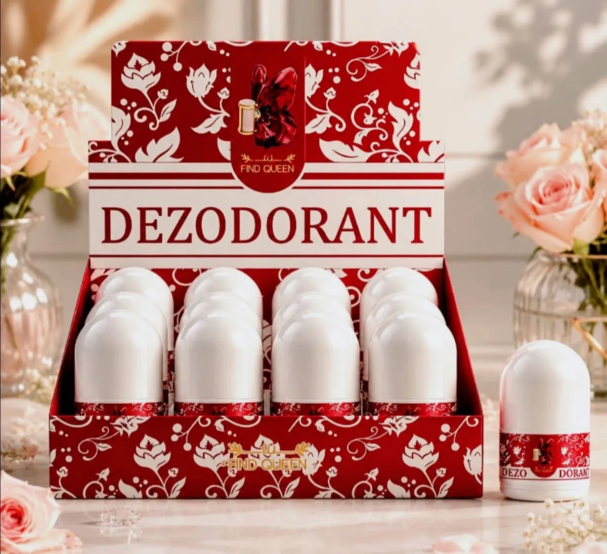 Dezodorant kulkowy Find Queen w czerwonym opakowaniu z białym kwiatowym wzorem, 12 sztuk w kartonie