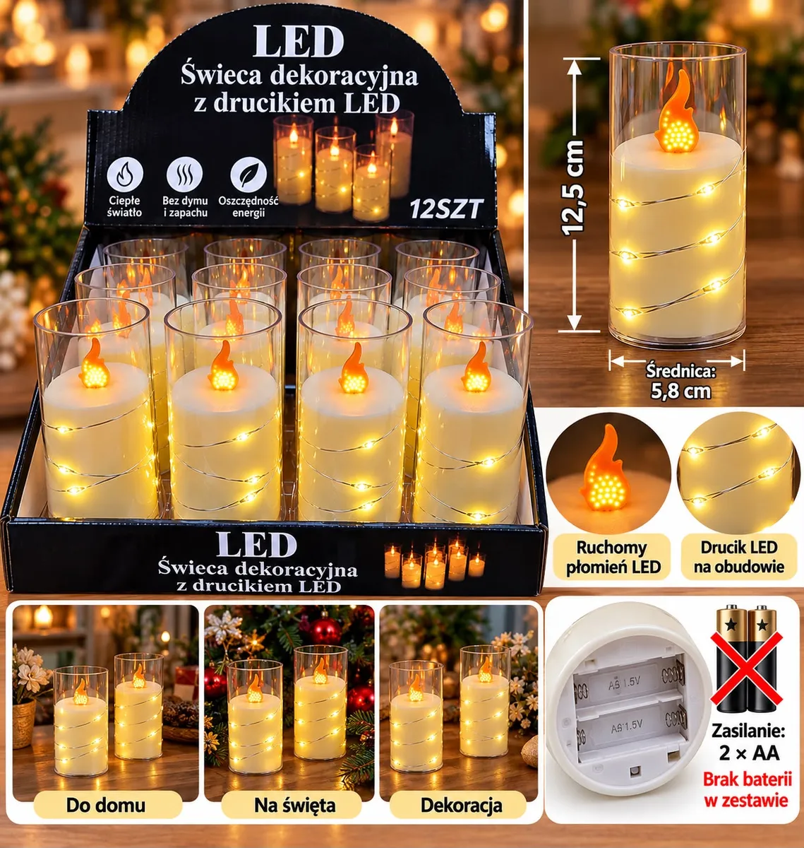 Świeca dekoracyjna LED 12,5 cm z ruchomym płomieniem i drucikiem LED w przezroczystej obudowie