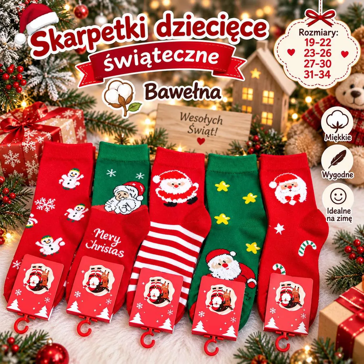 Kolorowe dziecięce skarpetki świąteczne z motywami Mikołaja, bałwanka i gwiazdek, cztery rozmiary