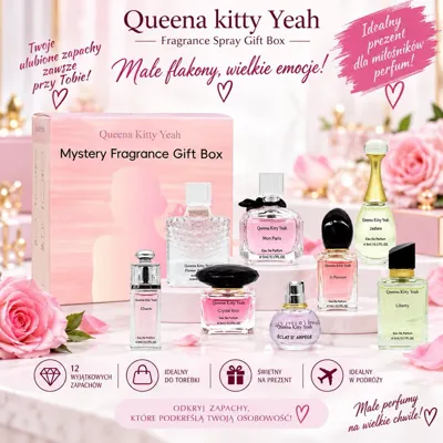 Zestaw 4 małych flakonów perfum Queena Kitty Yeah w różowym pudełku prezentowym z różami