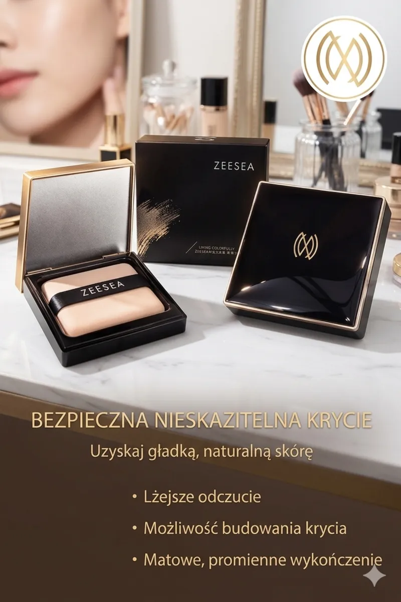 czarne opakowanie pudru prasowanego Zeesea z złotym logo i aplikatorem na toaletce