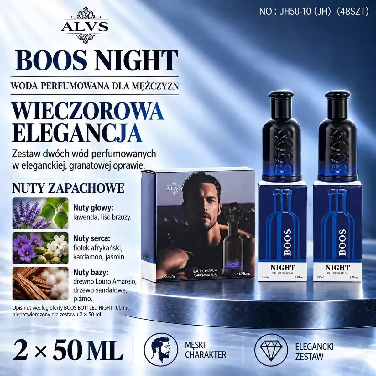 Zestaw dwóch granatowych butelek wody perfumowanej Boos Night 2x50 ml z kartonowym opakowaniem