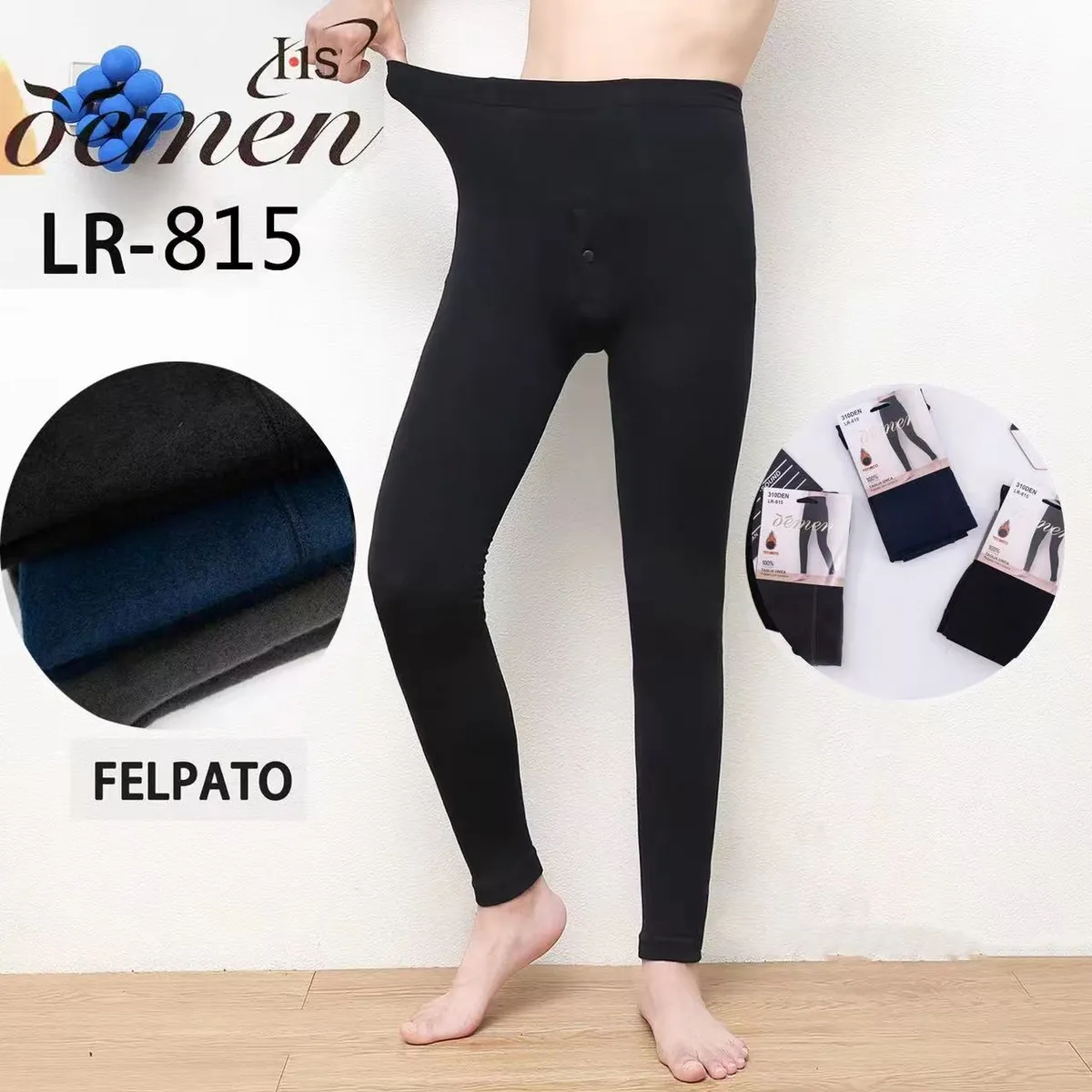Męskie czarne legginsy LR-815 z ociepleniem FELPATO na modelu, widoczne trzy kolory materiału