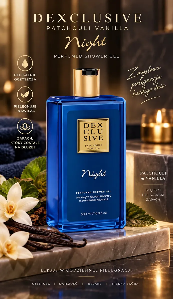 Granatowa butelka żelu pod prysznic DEXCLUSIVE Night 500 ml z złotą nakrętką na marmurowej powierzchni
