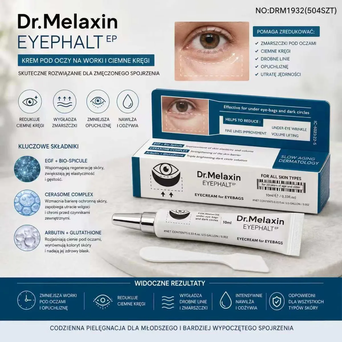 Krem pod oczy Dr.Melaxin Eyephalt w tubce 10 ml z opakowaniem i szpatułką, zdjęcie oka z efektem działania