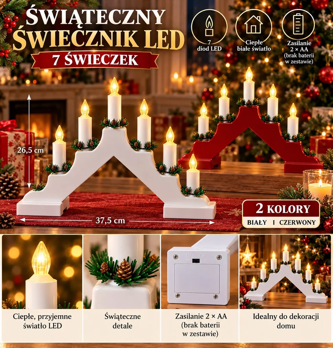 Świąteczny świecznik LED z 7 świecami w kolorze białym i czerwonym, ozdobiony gałązkami i szyszkami, świecący ciepłym białym