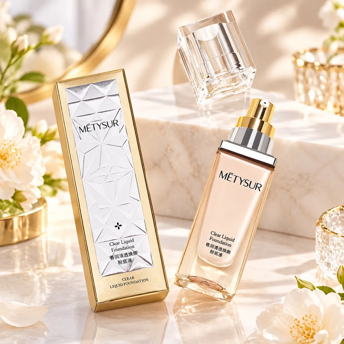 Podkład METYSUR Clear Liquid Foundation w szklanym flakonie z pompką i złoto-srebrnym wykończeniem obok eleganckiego opakowan