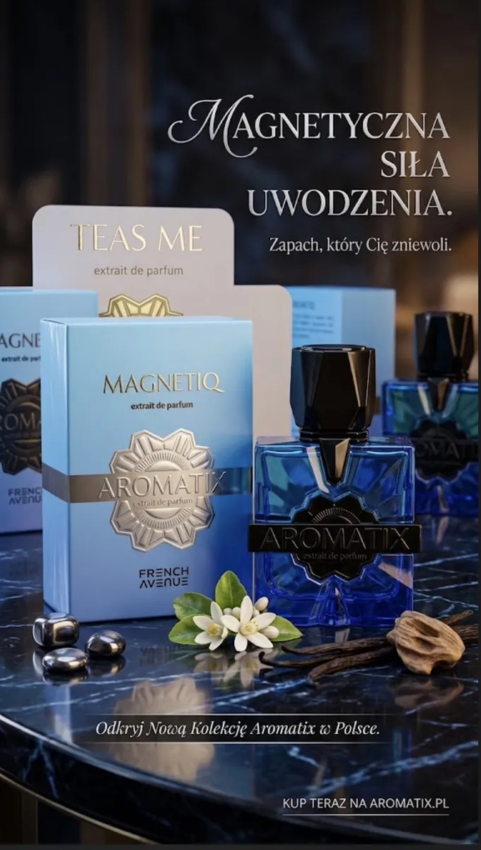 Niebieski flakon perfum Aromatix Magnetiq 30 ml z opakowaniem na marmurowym stole