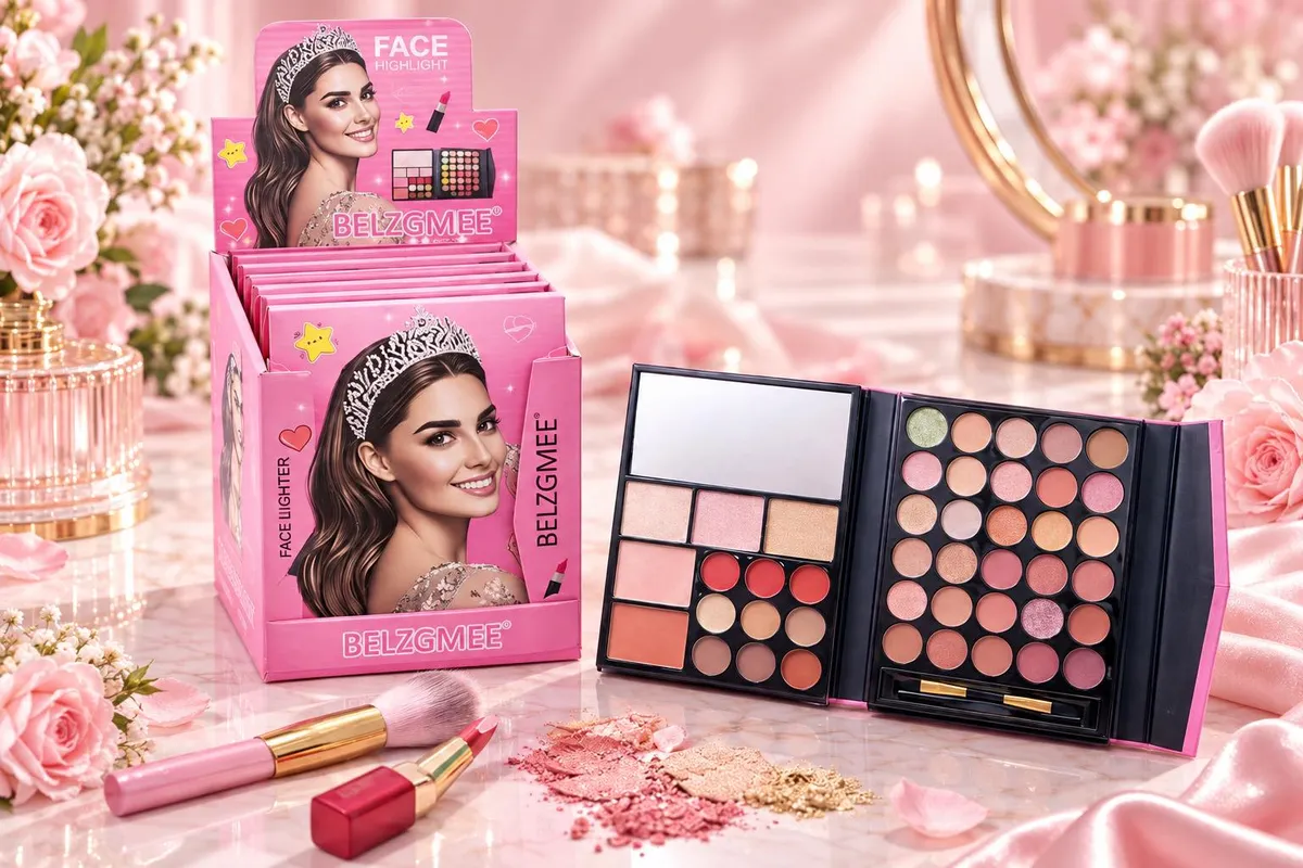 Paleta do makijażu BELZGMEE z 24 cieniami, 4 różami i 4 rozświetlaczami w różowym opakowaniu