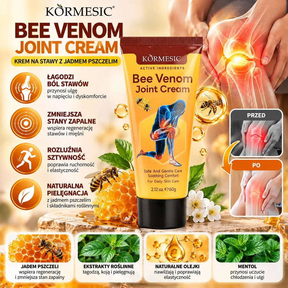 tuba kremu KÖRMESIC Bee Venom Joint Cream 60 g na tle miodu, pszczół i liści mięty