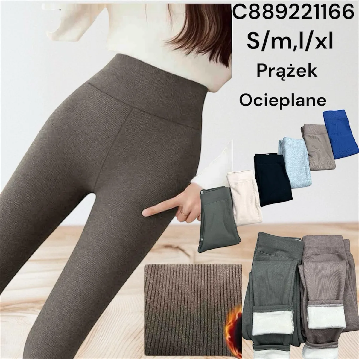 Damskie prążkowane ocieplane legginsy w różnych kolorach, rozmiary S/M i L/XL, zbliżenie na fakturę materiału