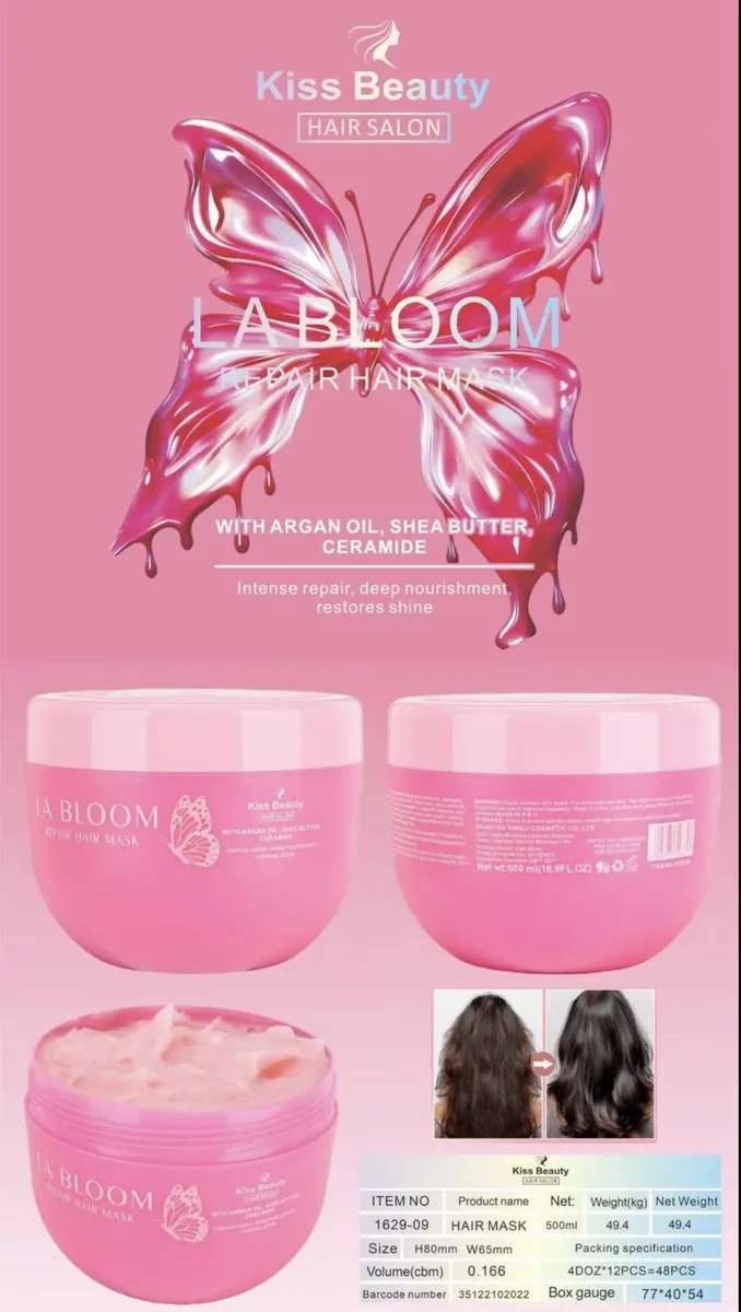 Różowe opakowanie maski do włosów Kiss Beauty La Bloom 500 ml z grafiką motyla i kremową konsystencją