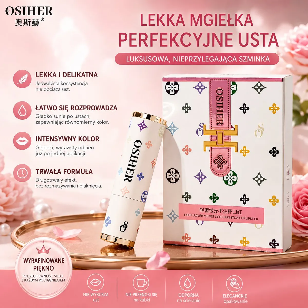 Pomadka OSiHER Velvet Mist w białym opakowaniu z kolorowymi wzorami i różowym paskiem, obok eleganckie pudełko z tym samym wz