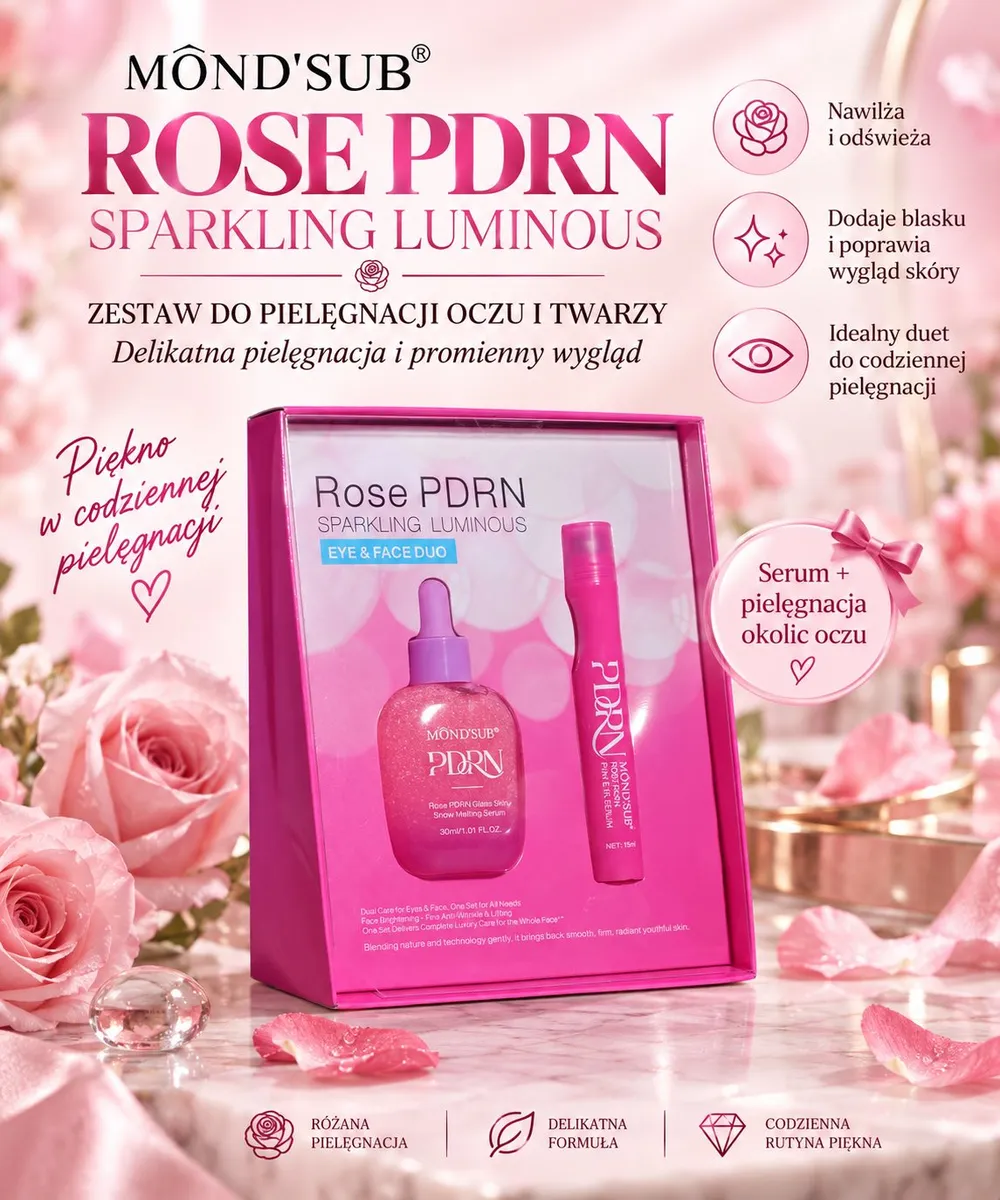 Różowy zestaw kosmetyczny Rose PDRN do pielęgnacji oczu i twarzy w eleganckim opakowaniu