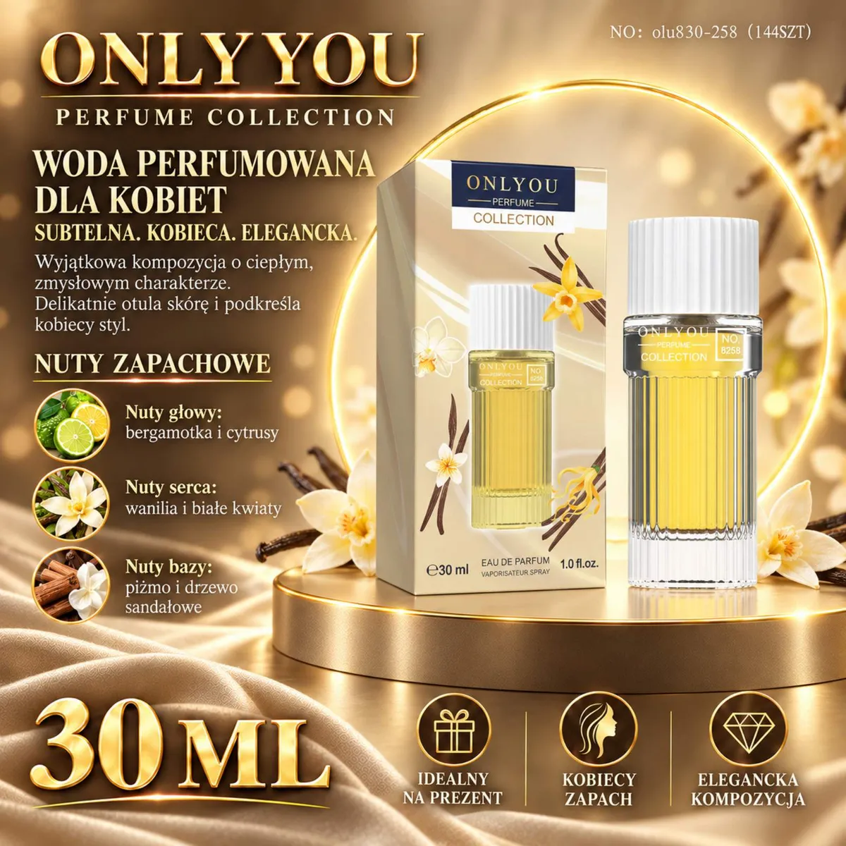 Butelka perfum Only You 30 ml z żłobionym szkłem i złocistym płynem obok pudełka z motywem wanilii
