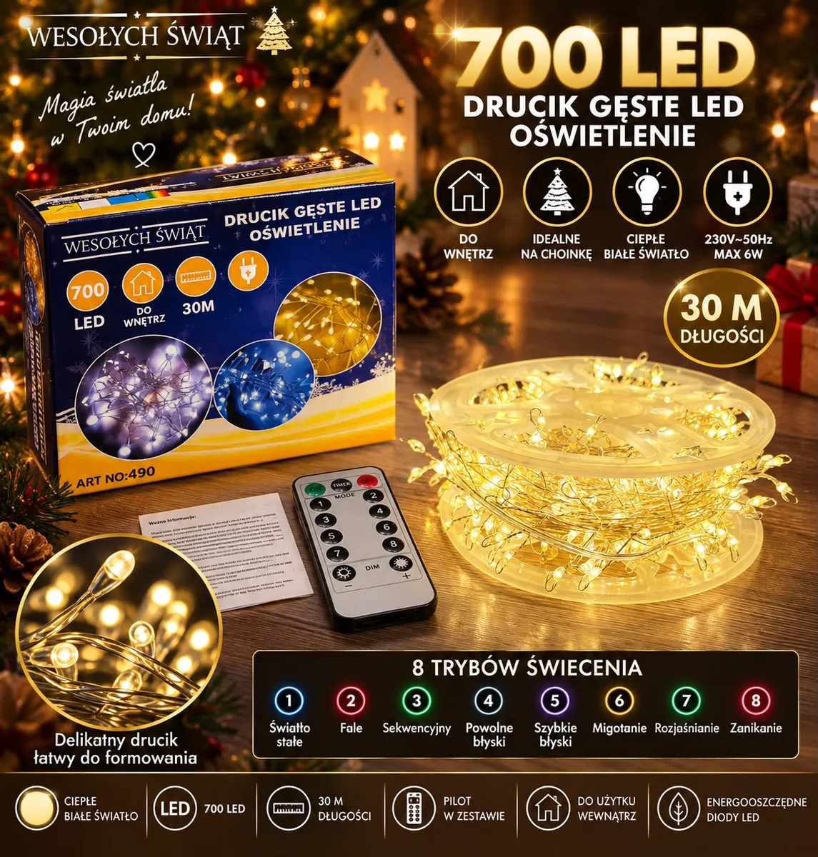 Lampki choinkowe 700 LED na cienkim druciku, ciepłe białe światło, pilot i opakowanie