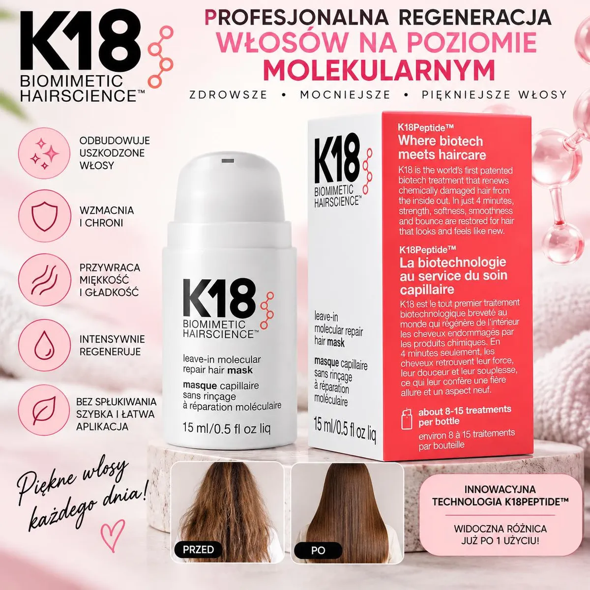 biały pojemnik i kartonik maski do włosów K18 z opisem działania i zdjęciami włosów przed i po użyciu