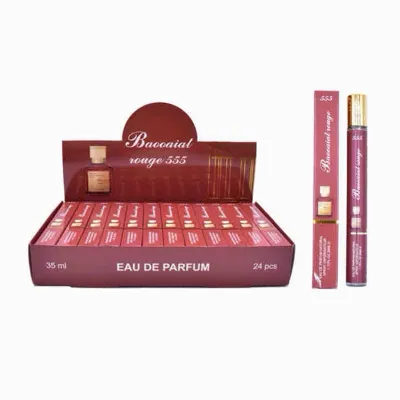 Bordowa perfumetka Bacociai Rouge 555 35ml w szklanej butelce z złotą zakrętką i opakowanie zbiorcze 24 szt.
