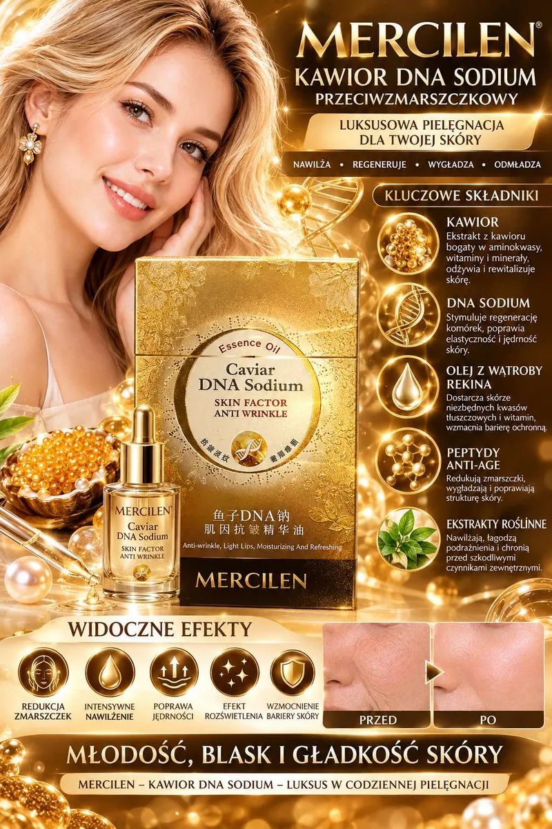 Złote opakowanie i buteleczka serum Mercilen Caviar DNA Sodium z pipetą oraz modelka z promienną skórą