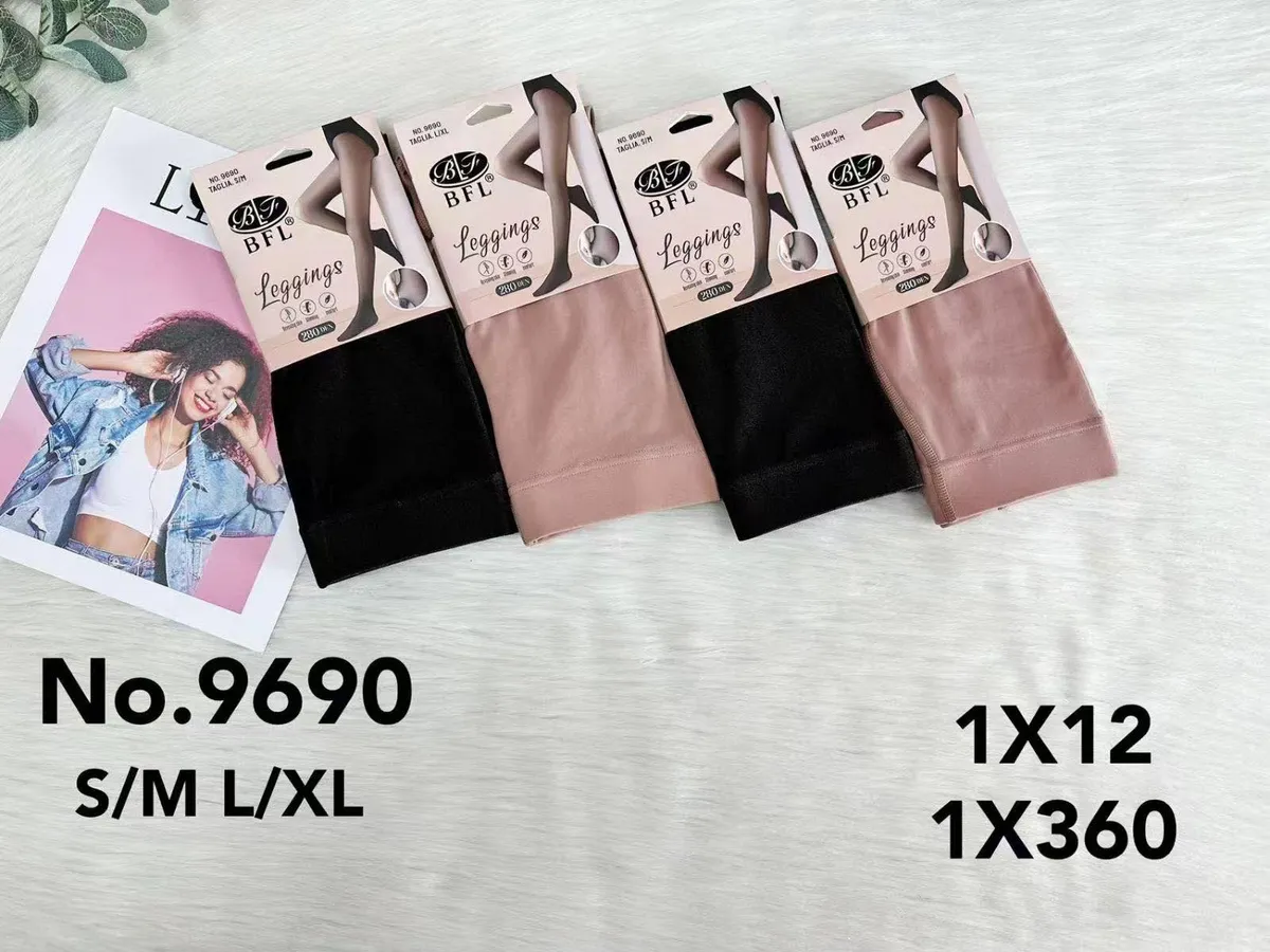 Legginsy BFL 240 DEN w kolorach czarnym i jasnobeżowym, rozmiary S/M i L/XL, opakowania z etykietą