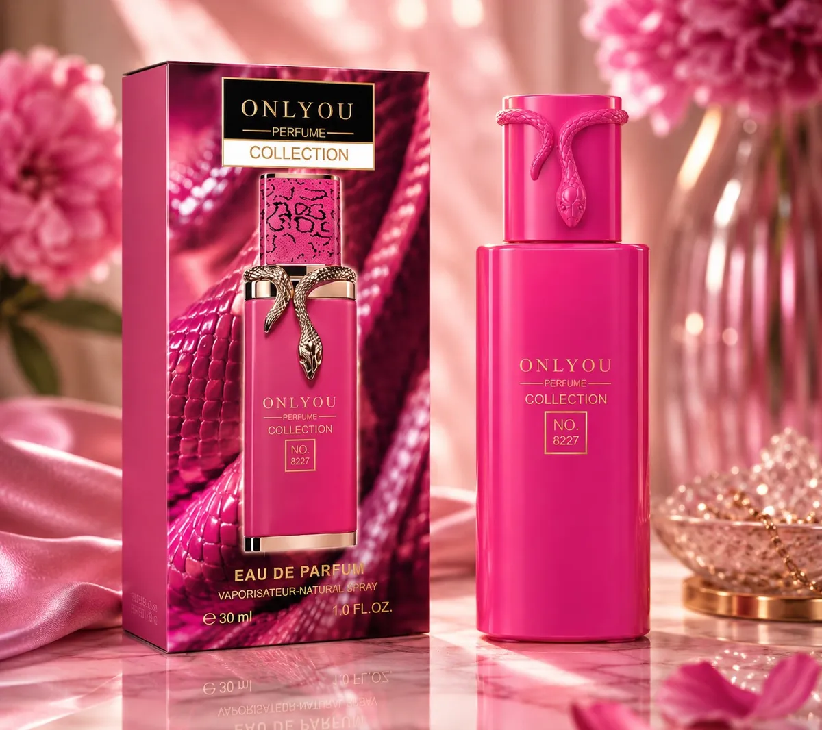 Różowy flakon perfum Only You Collection No. 8227 z ozdobą węża i kartonik z motywem węża