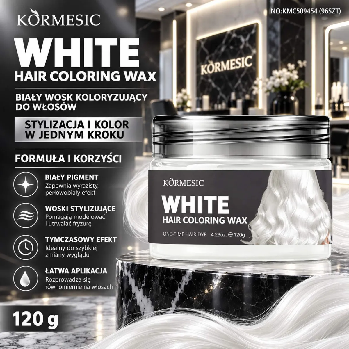 Biały wosk koloryzujący do włosów Kormesic w plastikowym słoiku 120g na marmurowym blacie