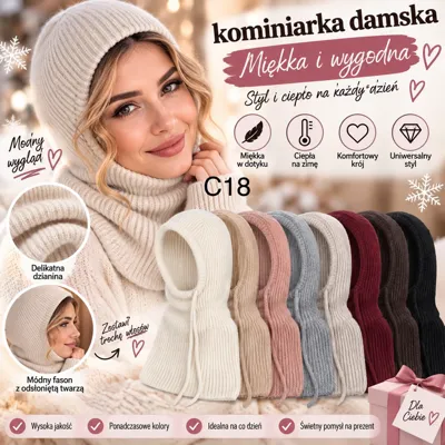 Kominiarka damska C18 w pastelowych kolorach, miękka dzianina, modny fason z odsłoniętą twarzą