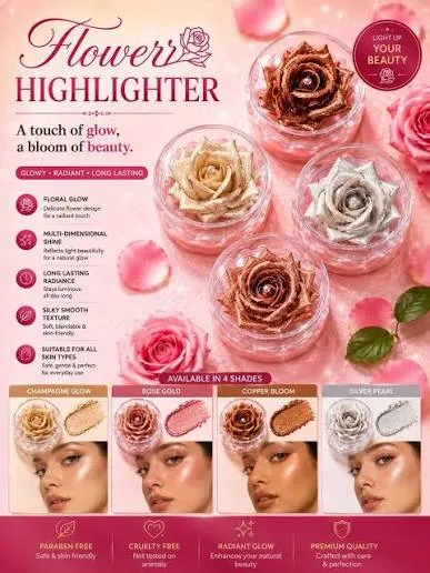 Rozświetlacz Flowerer HIGHLIGHTER w kształcie róży w czterech odcieniach na różowym tle