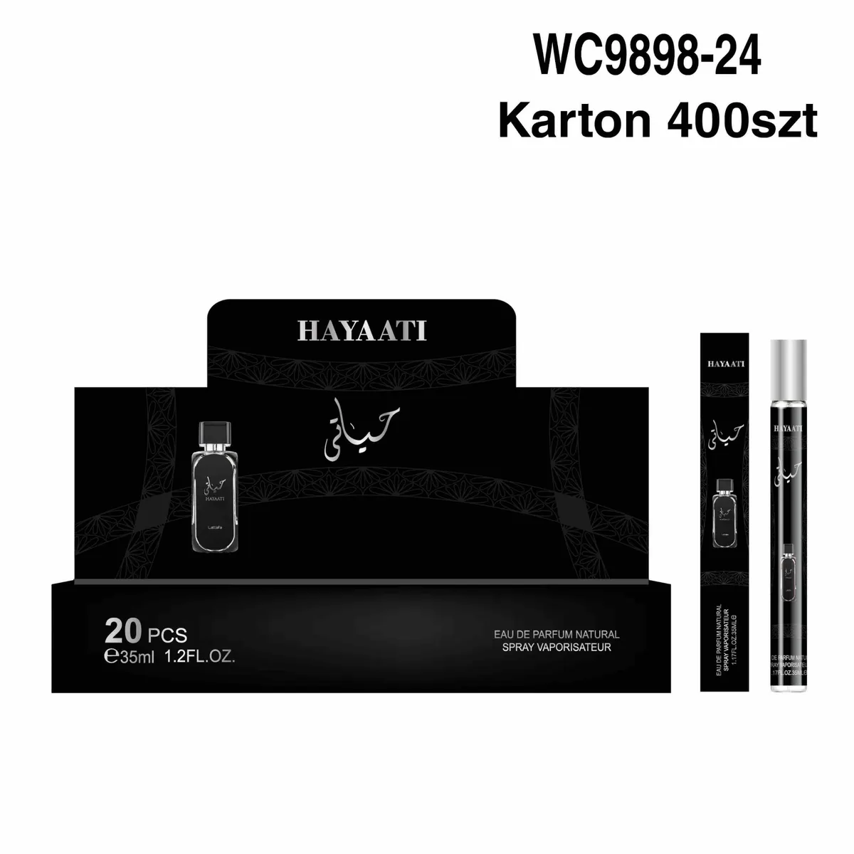 czarne opakowanie zbiorcze perfumetek HAYAATI 35ml z 20 sztukami i pojedyncza buteleczka z srebrną nakrętką