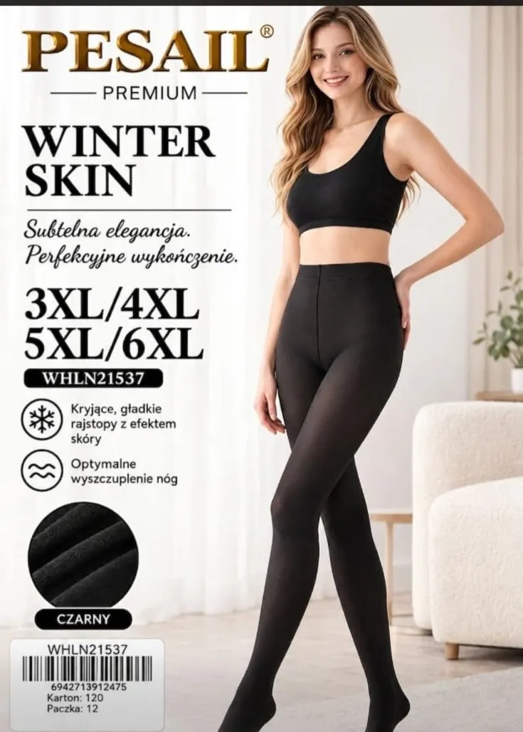 Czarne gładkie rajstopy damskie Pesail Premium Winter Skin na modelce, rozmiary 3XL-6XL