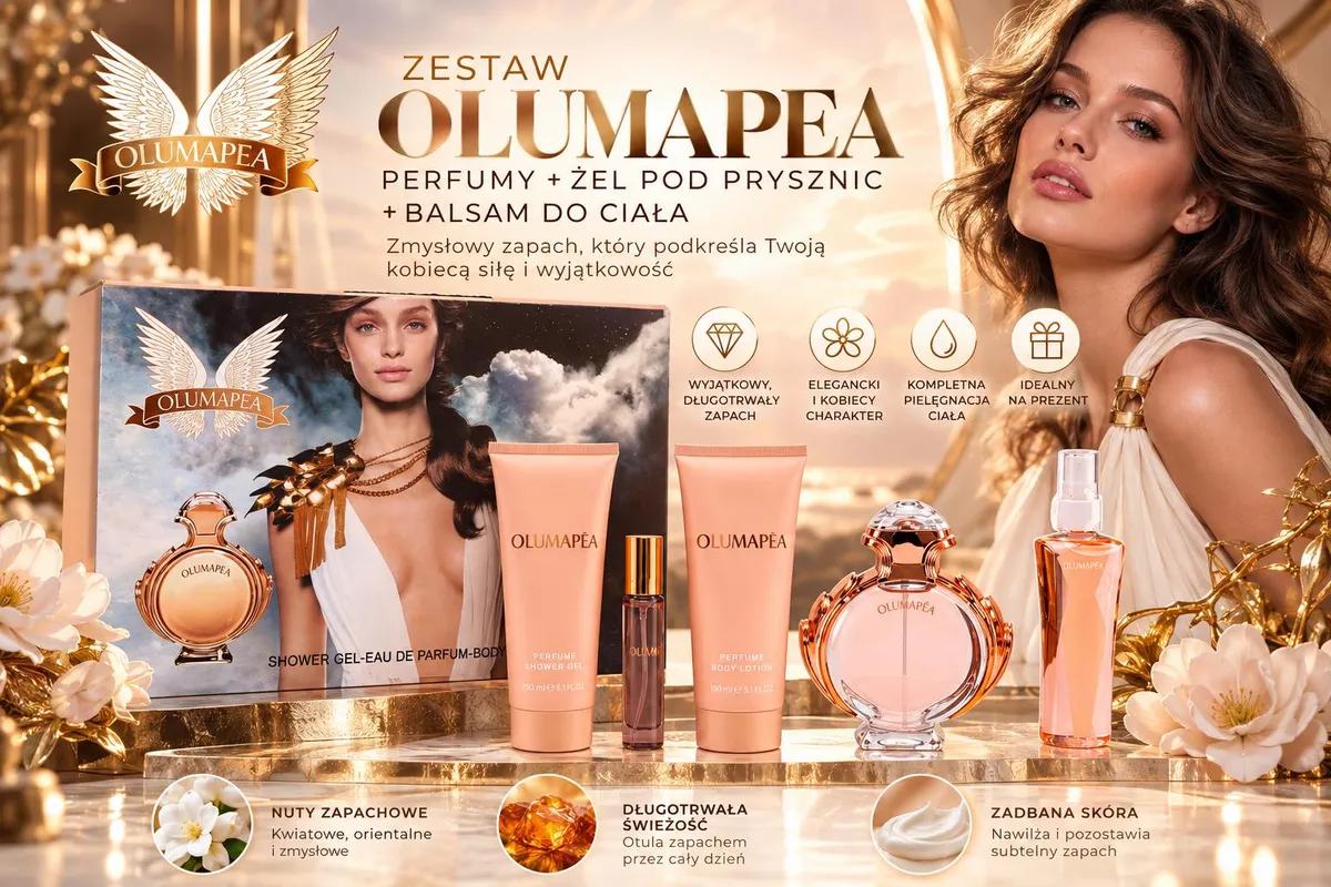 Zestaw kosmetyków Olumapea: perfumy, żel pod prysznic i balsam do ciała w złocisto-różowych opakowaniach