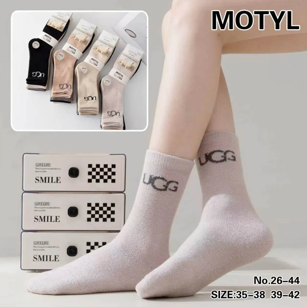 Pastelowe skarpetki damskie MOTYL UGG w rozmiarach 35-42 na stopach i w opakowaniach