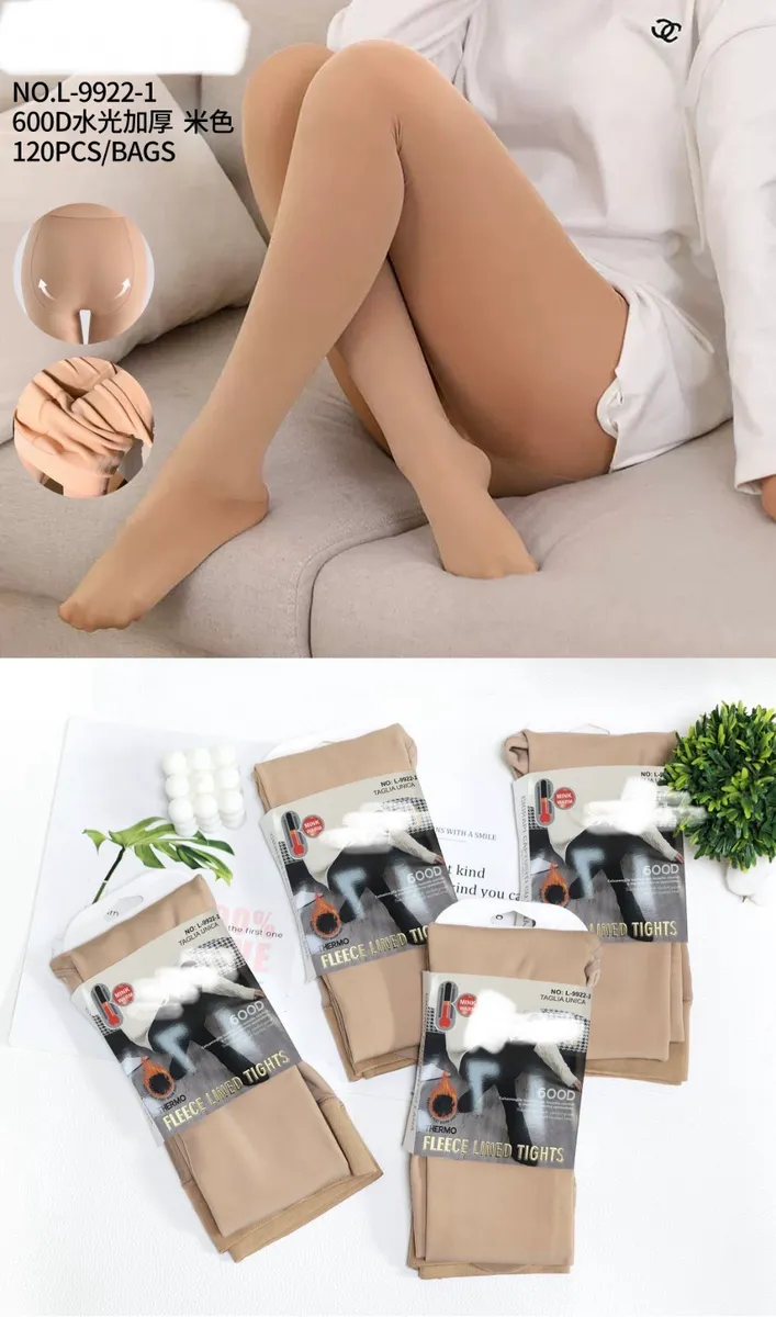 Beżowe rajstopy termiczne 600D z ociepleniem fleece na modelce, opakowania produktu