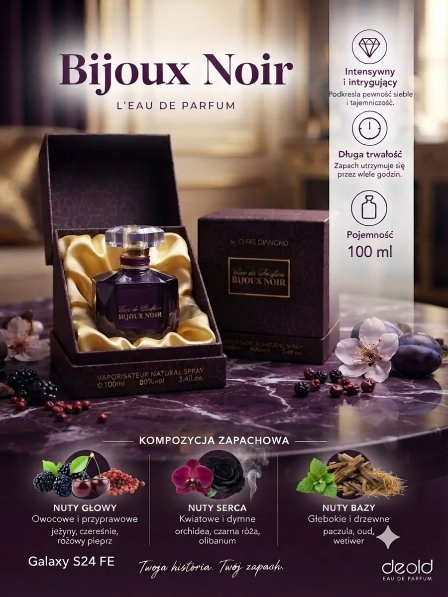 Perfumy Bijoux Noir 100 ml w ciemnofioletowym flakonie z ozdobnym pudełkiem i kwiatowo-owocową kompozycją zapachową