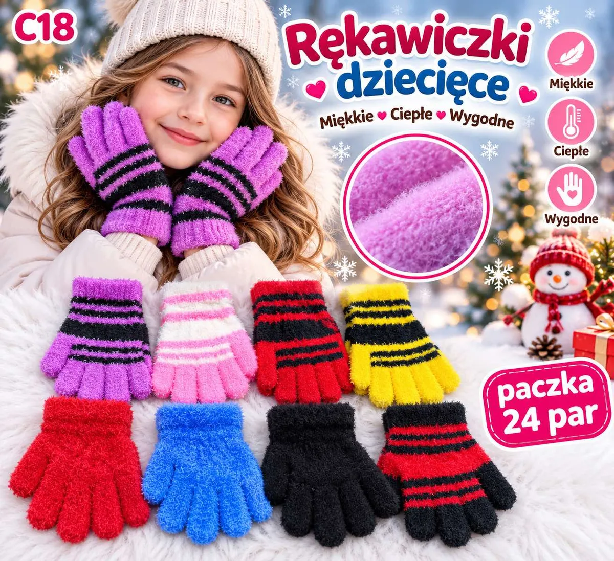 Rękawiczki dziecięce w ośmiu kolorach z paskami, miękkie i ciepłe, prezentowane na tle zimowym z dziewczynką i bałwankiem